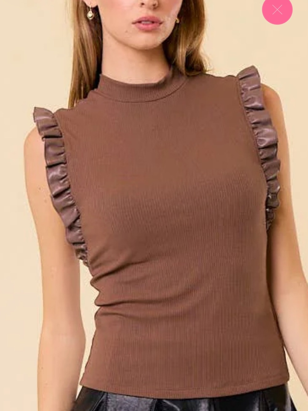 Mock Neck Ruffle Sleeve Ribbed Tank Top - Brown